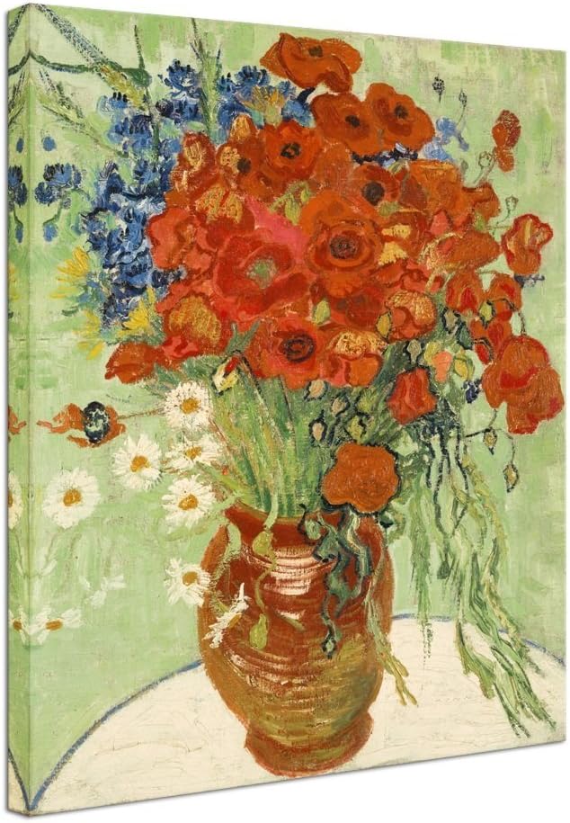 Wieco Art Framed Wall Art Canvas Prints of Red Poppies and Daisies Canvas Prints Wall Art of Van Gogh Paintings Reproduction Abstract Artwork for Wall Decor Golden Frame