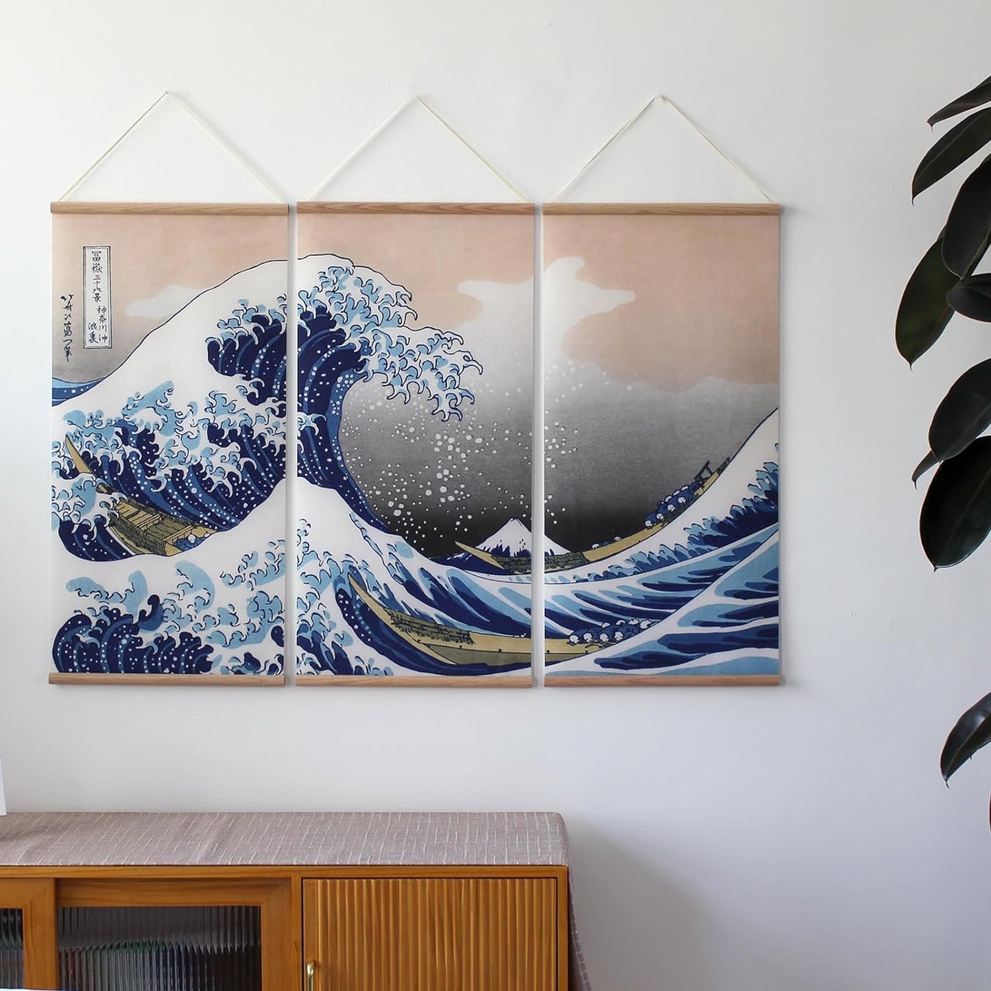 xinyuru Japanese Traditional Art The Great Wave Off Kanagawa by Hokusai,Hanging Poster with Wood Frames,Ready to Hang Decorative Wall 16''x32'' x 3 Piece Set