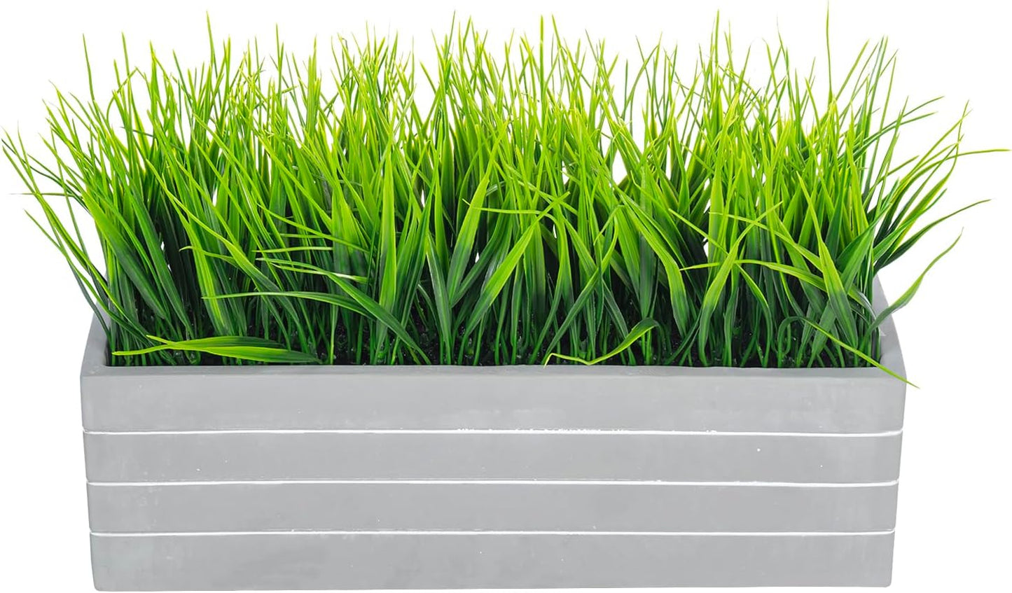 MyGift 15 Inch Artificial Green Grass Plants Potted in Ribbed Gray Concrete Planter Box, Tabletop Faux Greenery in Rectangular Cement Pot Centerpiece Décor