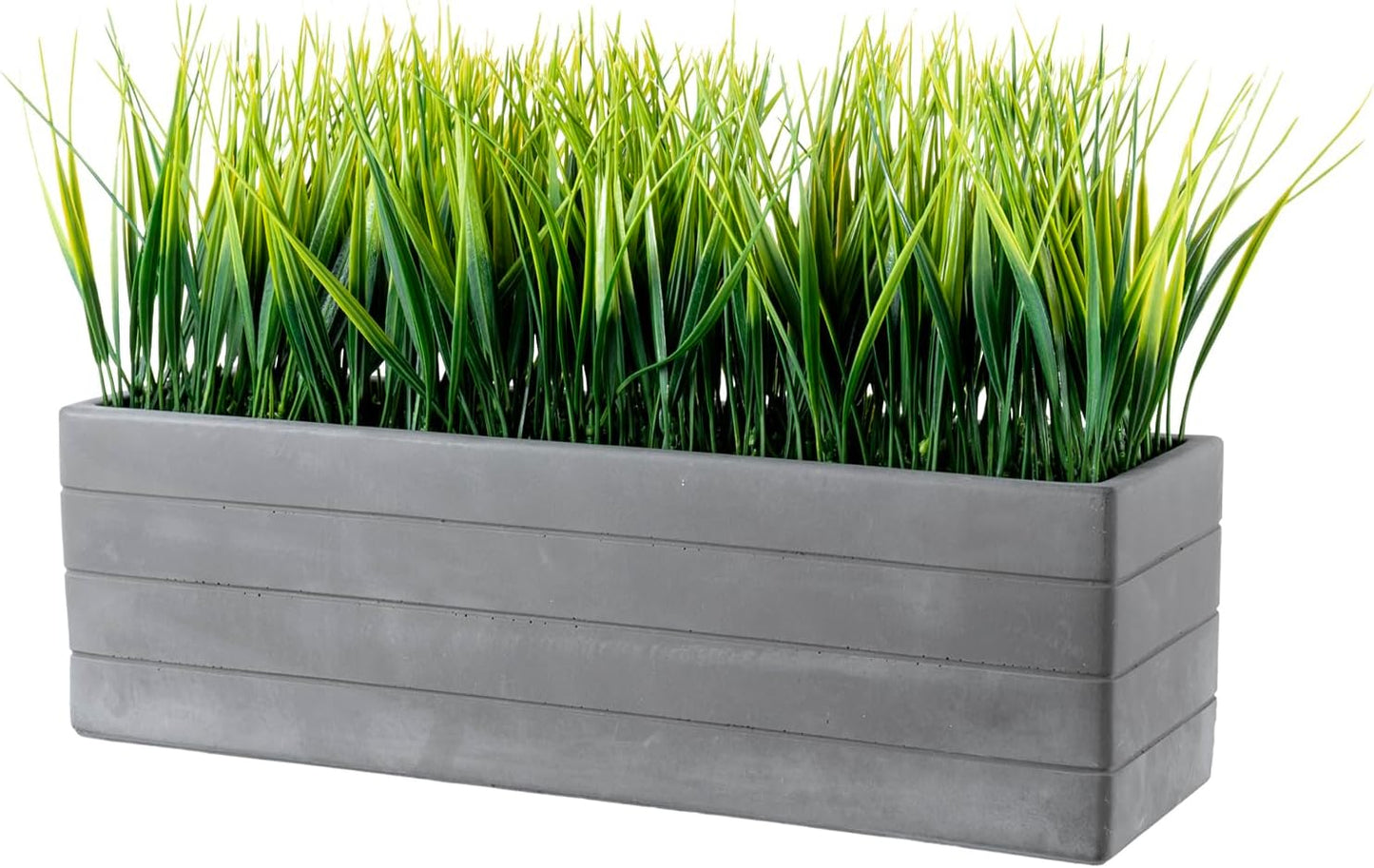 MyGift 15 Inch Artificial Green Grass Plants Potted in Ribbed Gray Concrete Planter Box, Tabletop Faux Greenery in Rectangular Cement Pot Centerpiece Décor