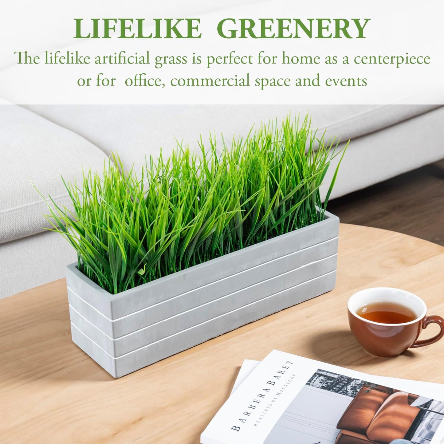 MyGift 15 Inch Artificial Green Grass Plants Potted in Ribbed Gray Concrete Planter Box, Tabletop Faux Greenery in Rectangular Cement Pot Centerpiece Décor