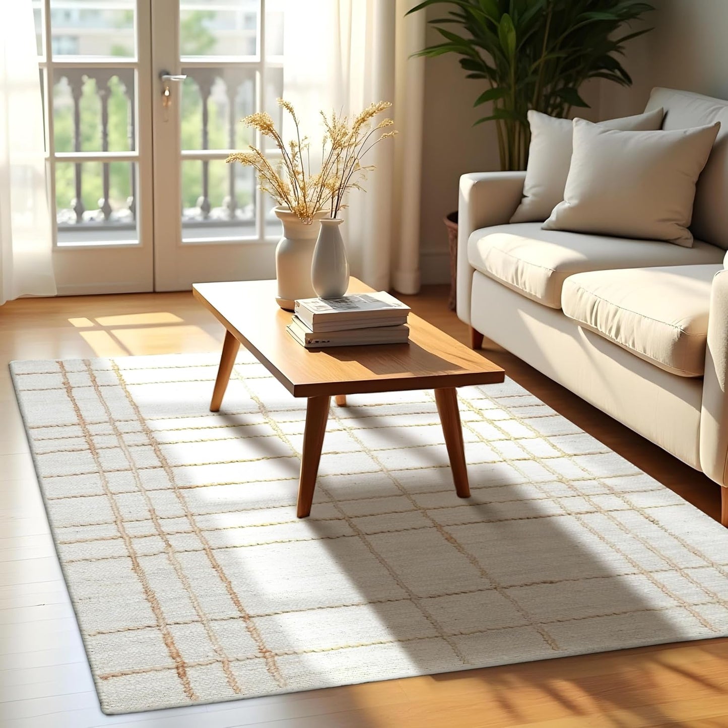 Homespice Nell Premium Edition Jute Rug 4×6' - Small Batch Production, Handwoven Classic Window Pane Design - with Cotton Backing