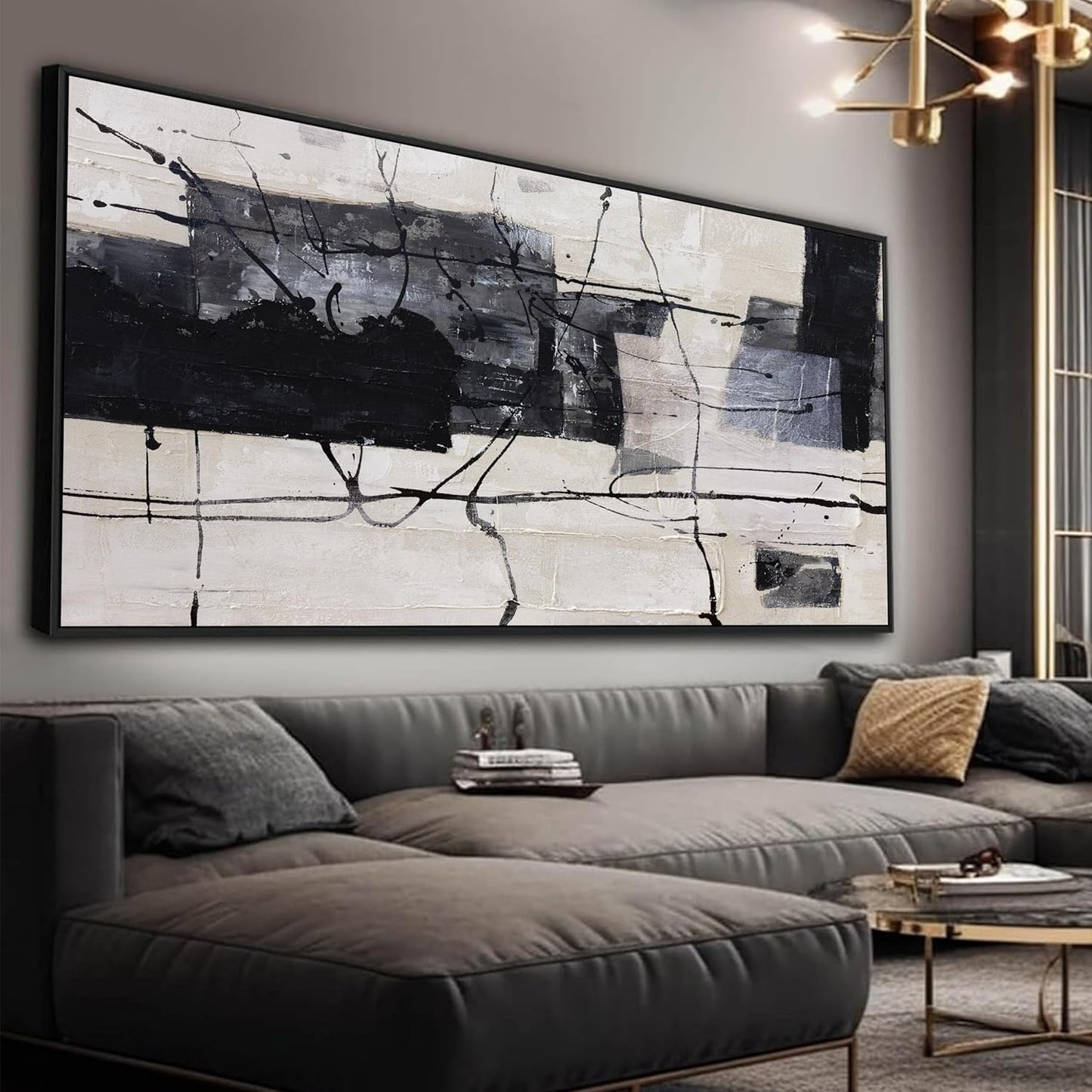 Abstract Wall Art Framed Decor Canvas Wall Art For Living Room Modern Canvas Prints Pictures For Wall Black And White Artwork For Home Hotel Decoration 24x48 Inch