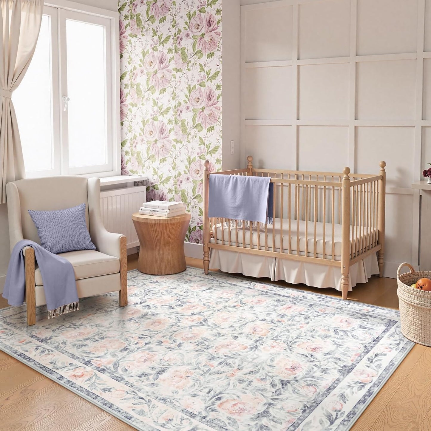 Collive Floral Area Rug 5x7, Pink Rugs for Bedroom Girls, Machine Washable Soft Low Pile Stain Resistant Carpet, Rug for Living Room Nursery Kids Playroom Dorm