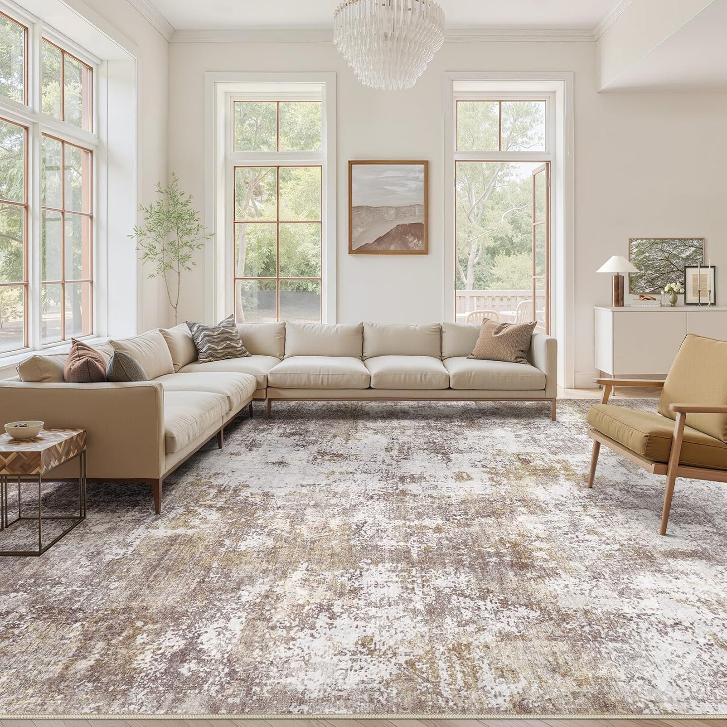 Washable 9X12 Area Rug: Modern Abstract Soft Non-Slip Indoor Rugs Home Decor - Low Pile Stain Resistant Foldable Carpet for Living Room Bedroom Dining Room Playroom Office(Brown,9'x12')