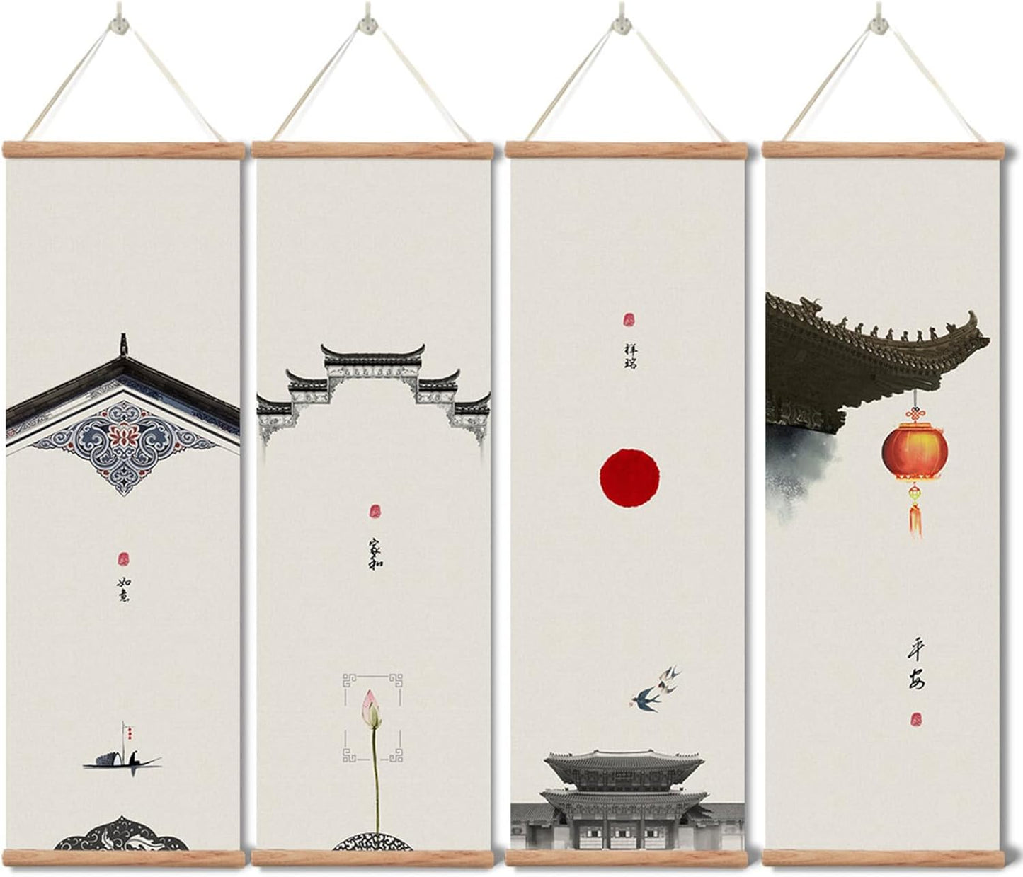 Landscape Painting,Chinese Ancient Architecture Posters and Prints,traditional Ink Decor,Wall Art Black and White for Living Room Bedroom,4 Piece Set Fixed Wooden Hanging Scroll (landscape, 12”x36”x4piece)