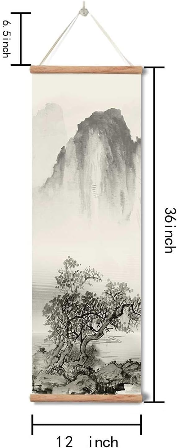 Landscape Painting,Chinese Ancient Architecture Posters and Prints,traditional Ink Decor,Wall Art Black and White for Living Room Bedroom,4 Piece Set Fixed Wooden Hanging Scroll (landscape, 12”x36”x4piece)