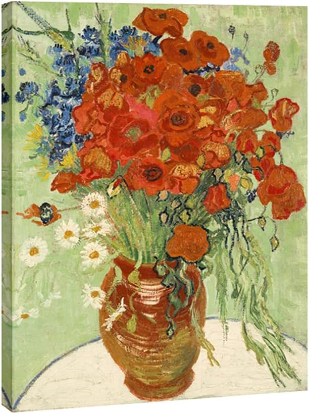 Wieco Art Framed Wall Art Canvas Prints of Red Poppies and Daisies Canvas Prints Wall Art of Van Gogh Paintings Reproduction Abstract Artwork for Wall Decor Golden Frame