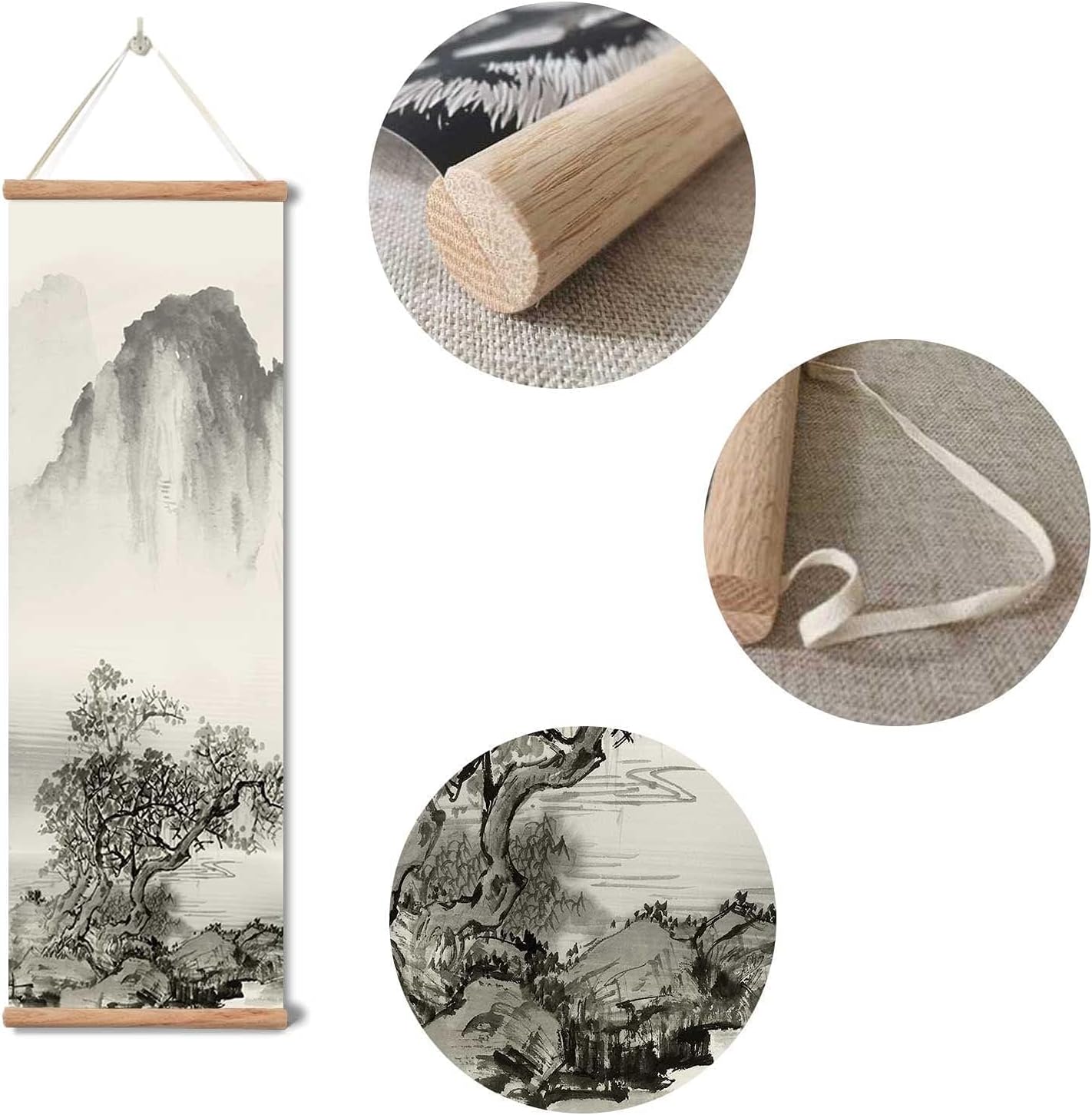 Landscape Painting,Chinese Ancient Architecture Posters and Prints,traditional Ink Decor,Wall Art Black and White for Living Room Bedroom,4 Piece Set Fixed Wooden Hanging Scroll (landscape, 12”x36”x4piece)