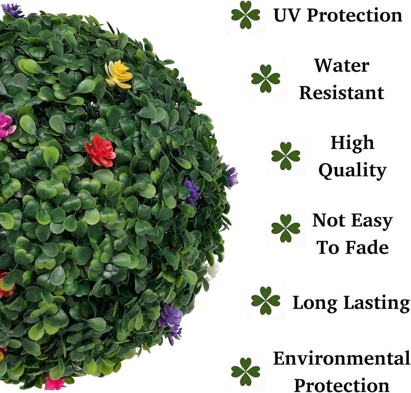 2PCS Artificial Boxwood Topiary Ball with Flowers 11 INCH 3 Layers Hanging Topiary Ball for Home Garden Wedding Party Decor Environmental UV Protected Faux Boxwood Decorative Ball