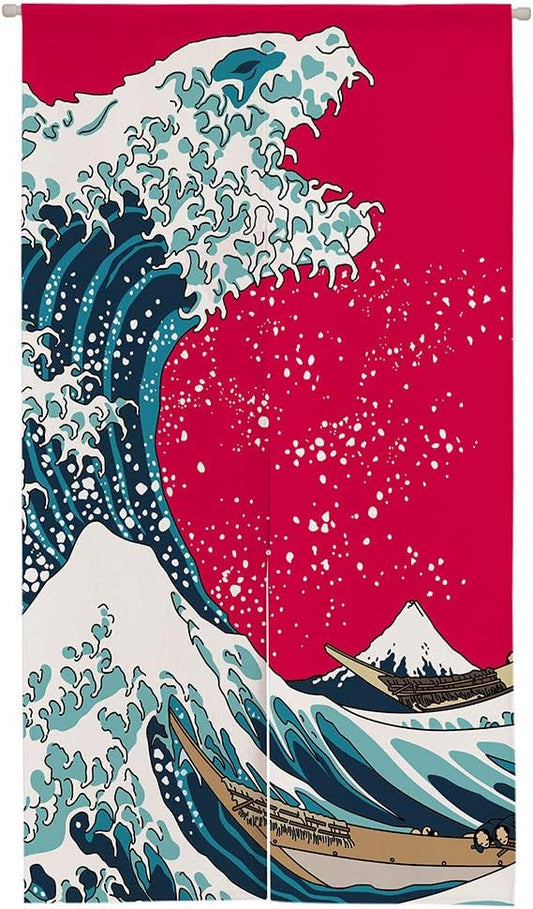 Ofat Home Japanese Painting Hokusai Noren The Great Wave Off Kanafawa and Artistic Doorway Curtain Tapestry for Wall Hanging Bedroom Decor, Red, Customizable, 33.5"x 59"
