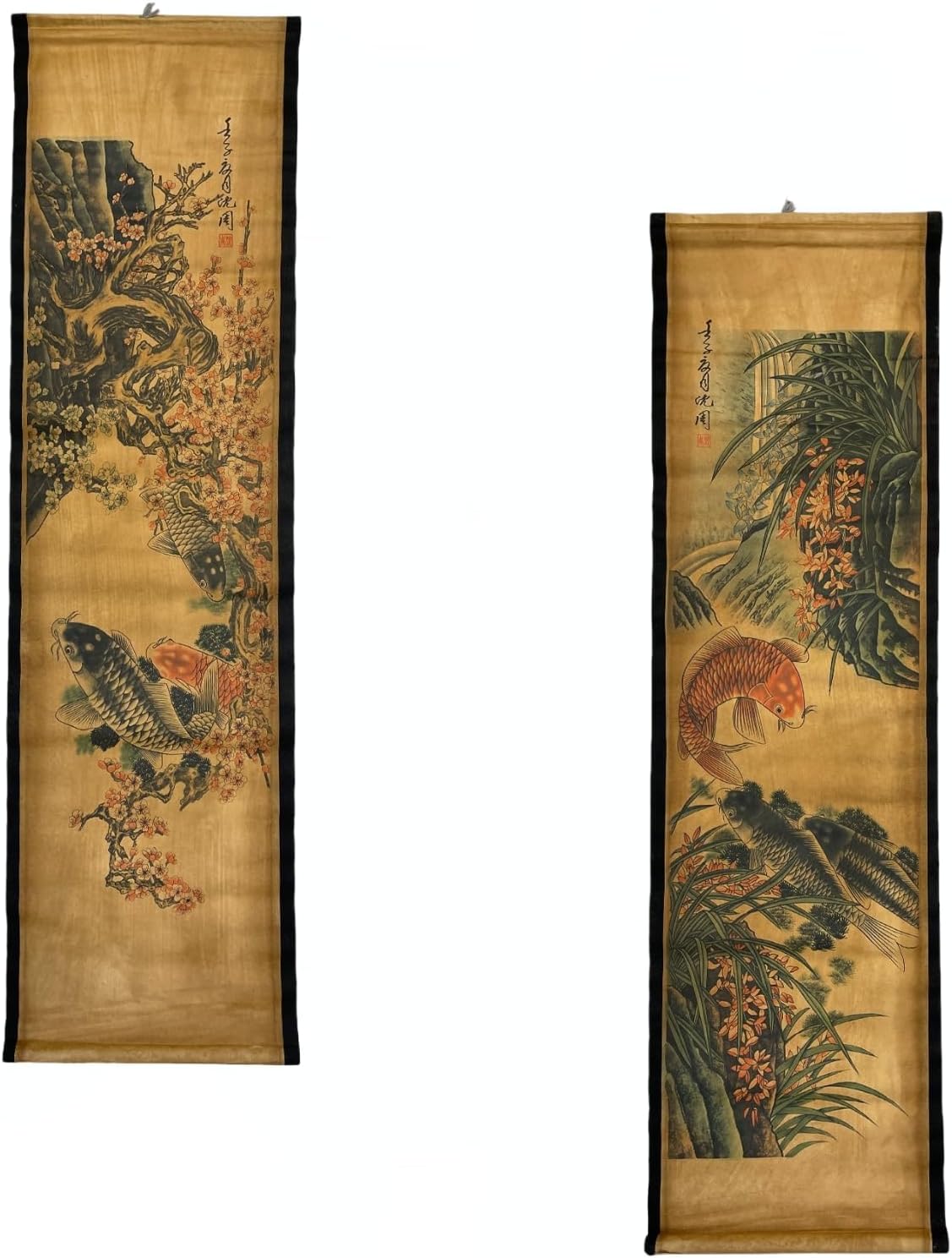 4PCS/Set Wall Scroll Hanging Painting Decor Japanese Koi Fish Flower Fengshui, Ancient Paintings Replica Asia Traditional Art, Attract Wealth Four Seasons