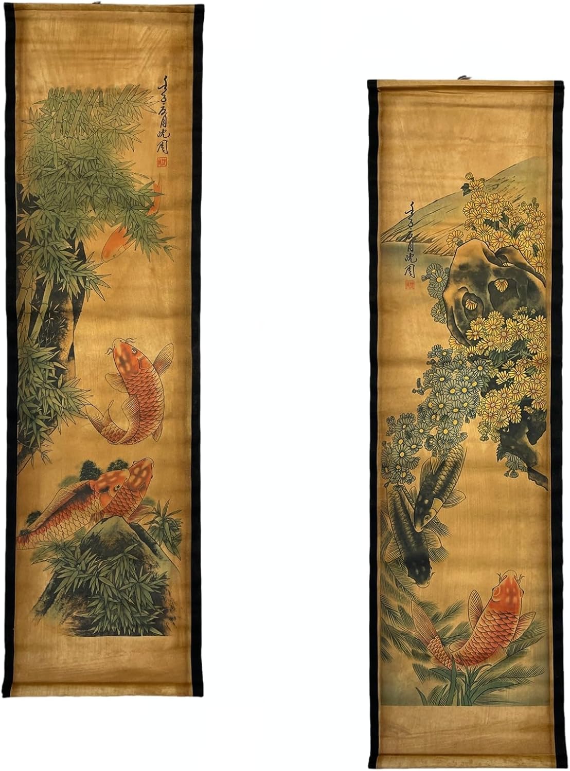 4PCS/Set Wall Scroll Hanging Painting Decor Japanese Koi Fish Flower Fengshui, Ancient Paintings Replica Asia Traditional Art, Attract Wealth Four Seasons