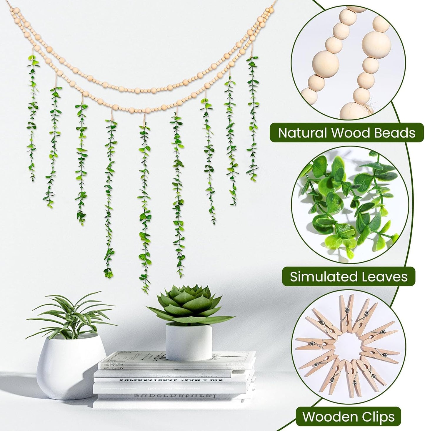 TXIN Hanging Photo Display Holder Wall Decor with Wooden Cards Clips, Boho Style Picture Frame Wood Beads Garland Artificial Eucalyptus Plant Home Decoration for Farmhouse Greenery Cubicle Bedroom