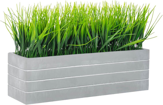 MyGift 15 Inch Artificial Green Grass Plants Potted in Ribbed Gray Concrete Planter Box, Tabletop Faux Greenery in Rectangular Cement Pot Centerpiece Décor