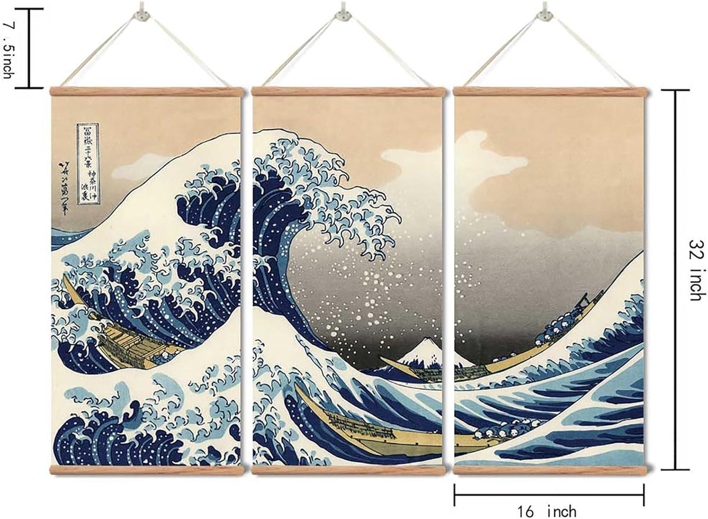 xinyuru Japanese Traditional Art The Great Wave Off Kanagawa by Hokusai,Hanging Poster with Wood Frames,Ready to Hang Decorative Wall 16''x32'' x 3 Piece Set