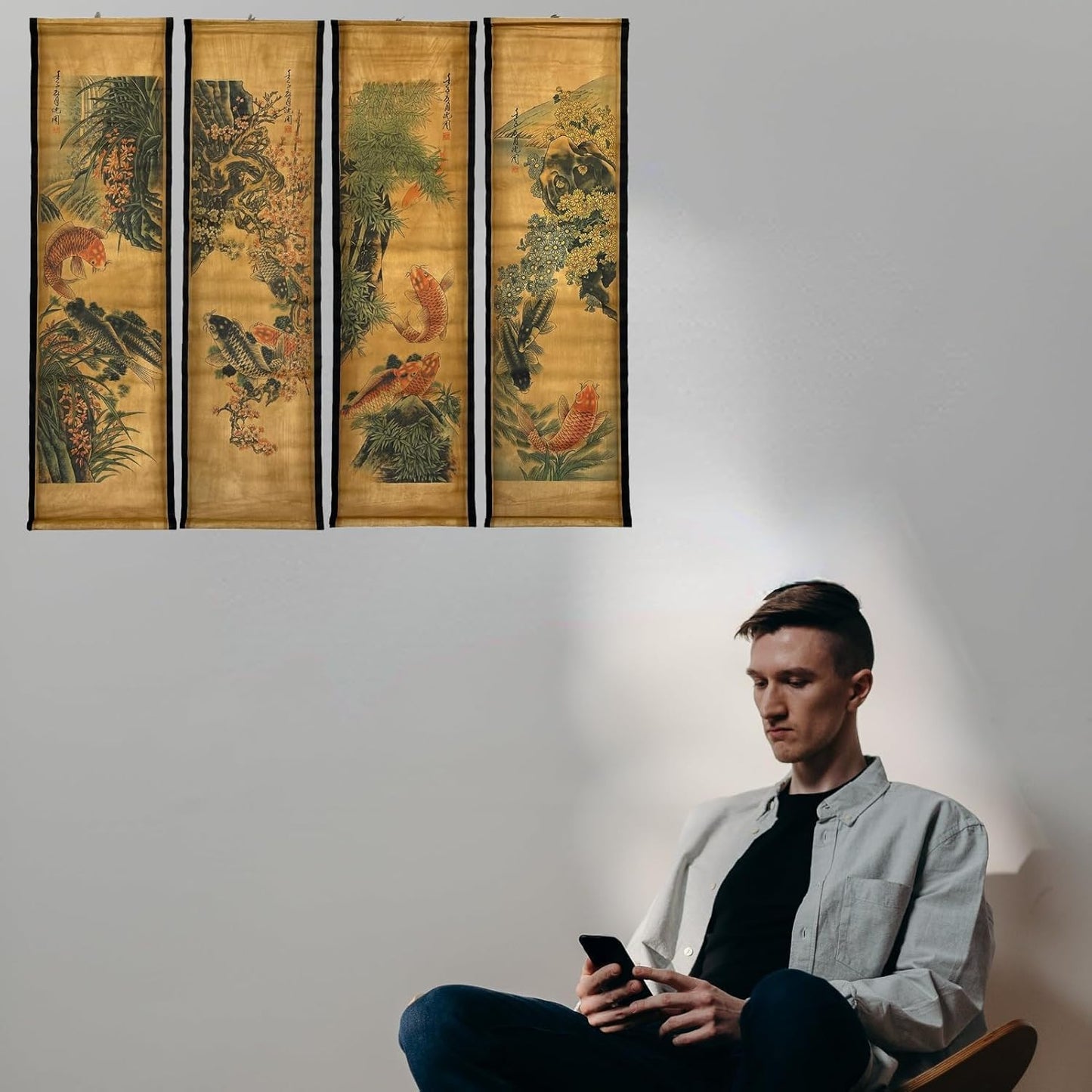 4PCS/Set Wall Scroll Hanging Painting Decor Japanese Koi Fish Flower Fengshui, Ancient Paintings Replica Asia Traditional Art, Attract Wealth Four Seasons