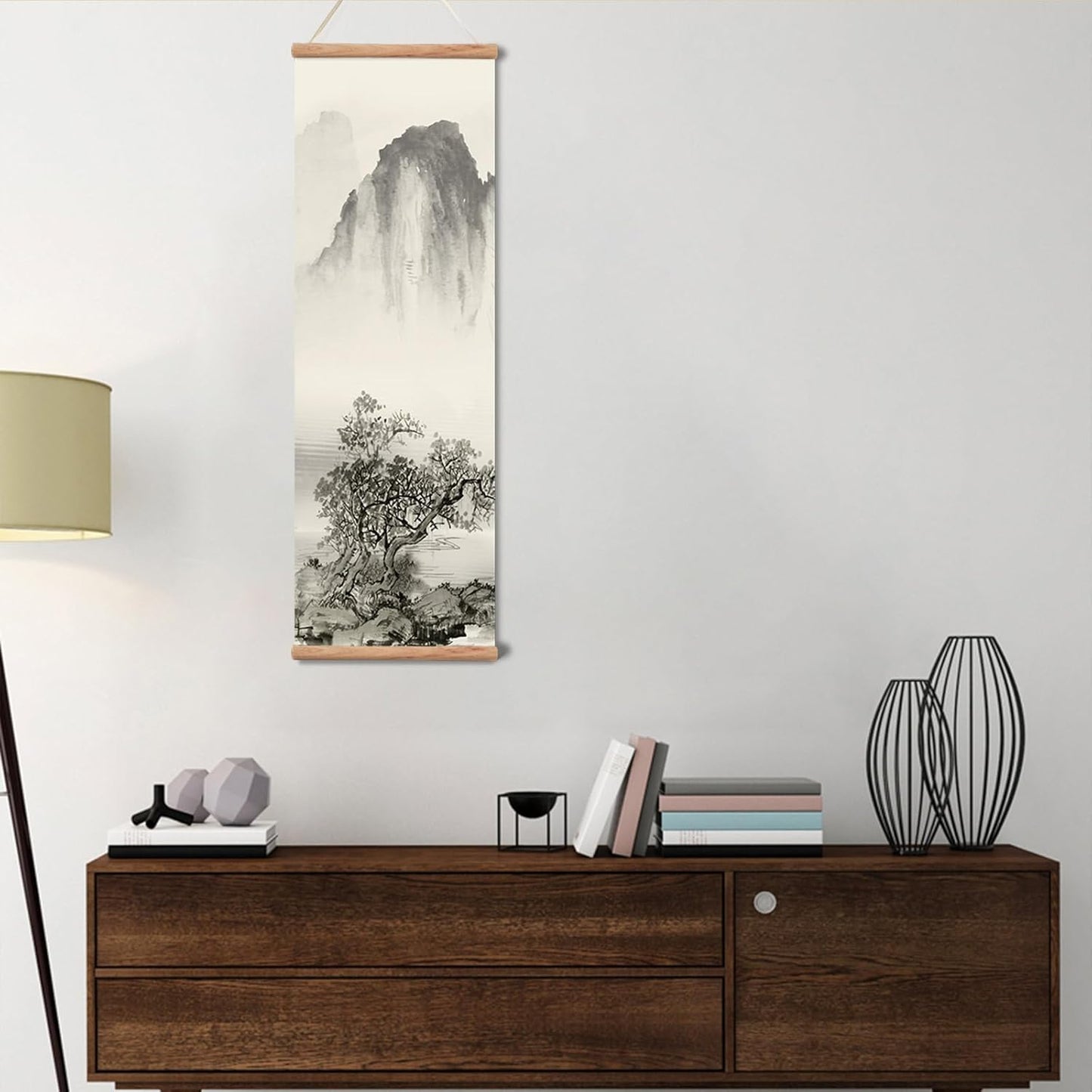 Landscape Painting,Chinese Ancient Architecture Posters and Prints,traditional Ink Decor,Wall Art Black and White for Living Room Bedroom,4 Piece Set Fixed Wooden Hanging Scroll (landscape, 12”x36”x4piece)