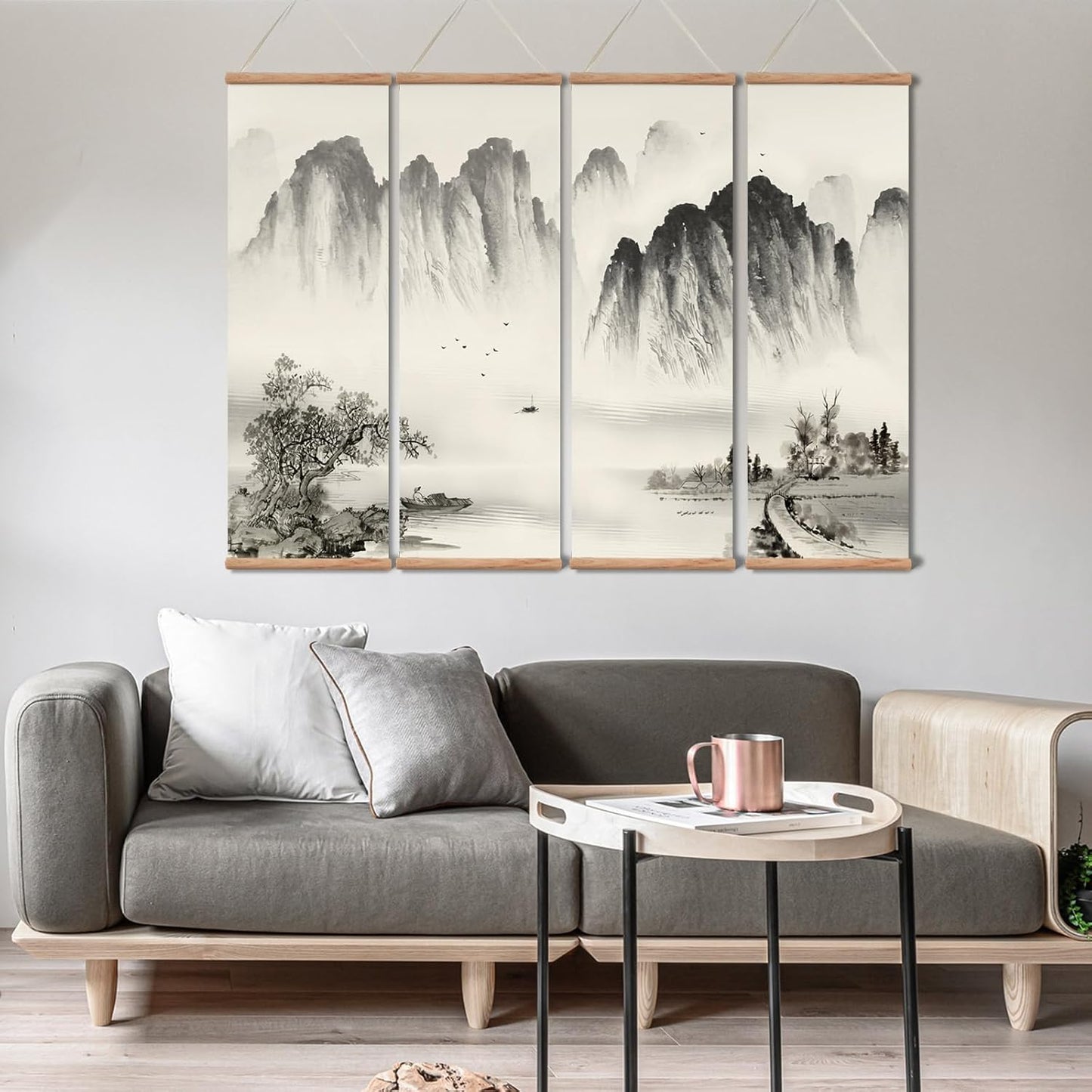 Landscape Painting,Chinese Ancient Architecture Posters and Prints,traditional Ink Decor,Wall Art Black and White for Living Room Bedroom,4 Piece Set Fixed Wooden Hanging Scroll (landscape, 12”x36”x4piece)