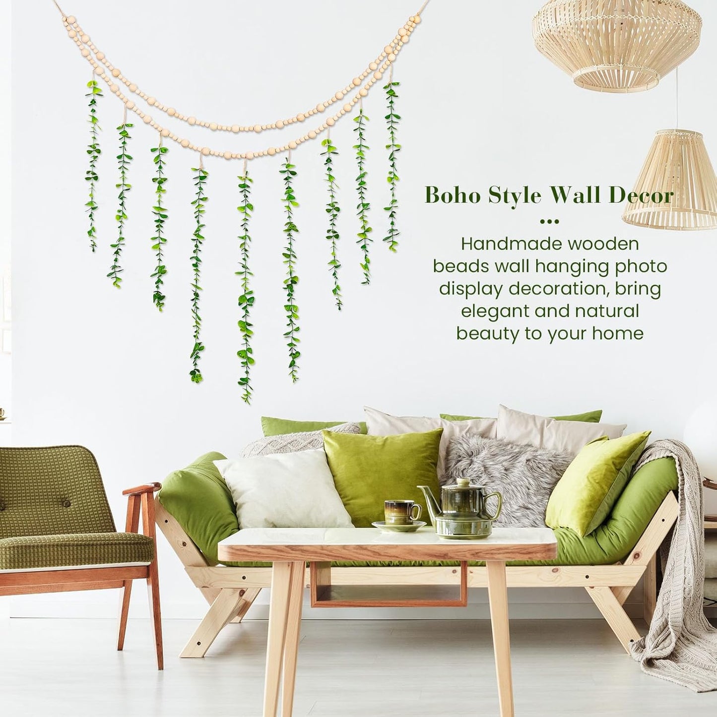 TXIN Hanging Photo Display Holder Wall Decor with Wooden Cards Clips, Boho Style Picture Frame Wood Beads Garland Artificial Eucalyptus Plant Home Decoration for Farmhouse Greenery Cubicle Bedroom