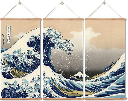 xinyuru Japanese Traditional Art The Great Wave Off Kanagawa by Hokusai,Hanging Poster with Wood Frames,Ready to Hang Decorative Wall 16''x32'' x 3 Piece Set