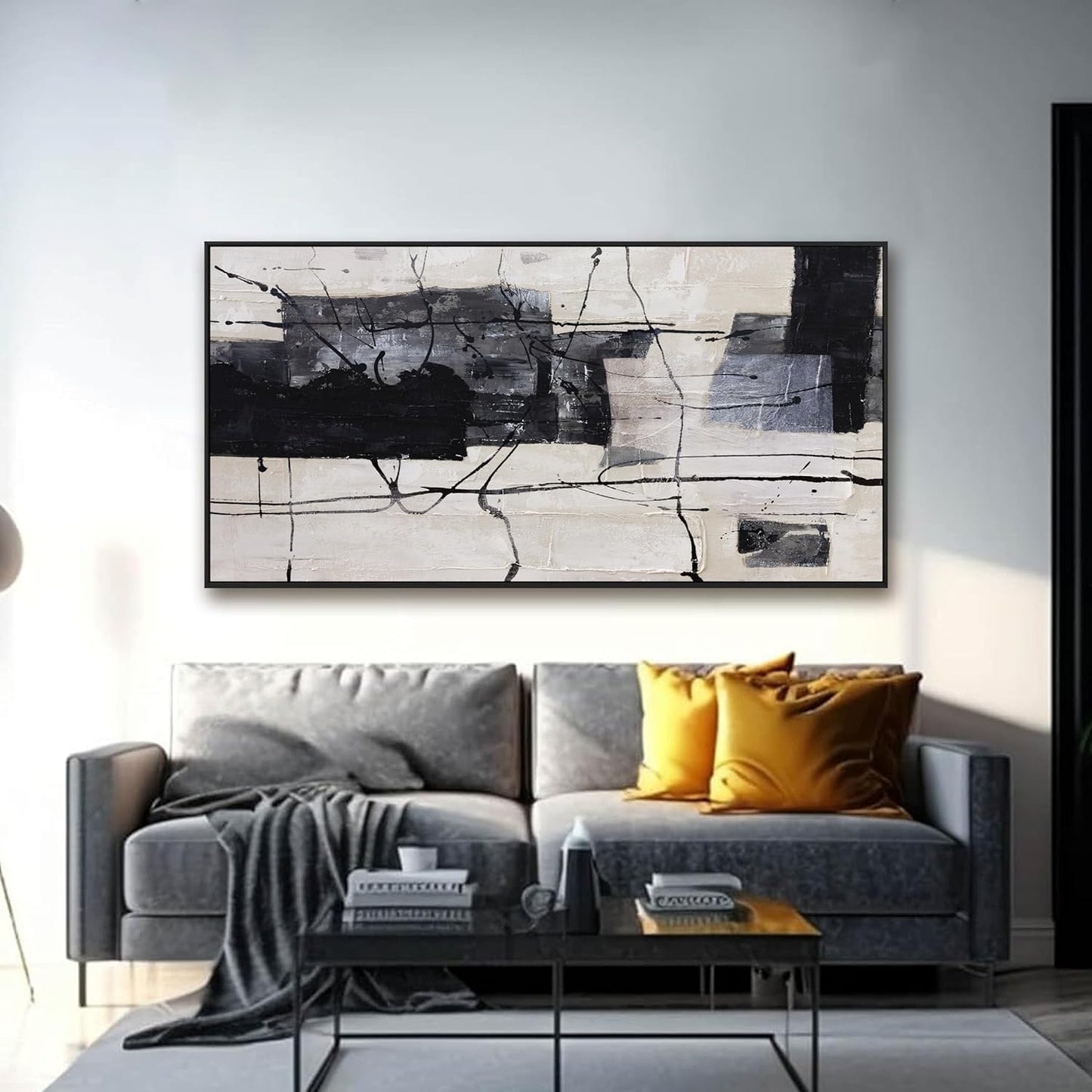 Abstract Wall Art Framed Decor Canvas Wall Art For Living Room Modern Canvas Prints Pictures For Wall Black And White Artwork For Home Hotel Decoration 24x48 Inch