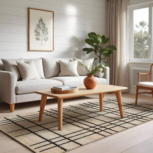 Homespice Nell Premium Edition Jute Rug 4×6' - Small Batch Production, Handwoven Classic Window Pane Design - with Cotton Backing