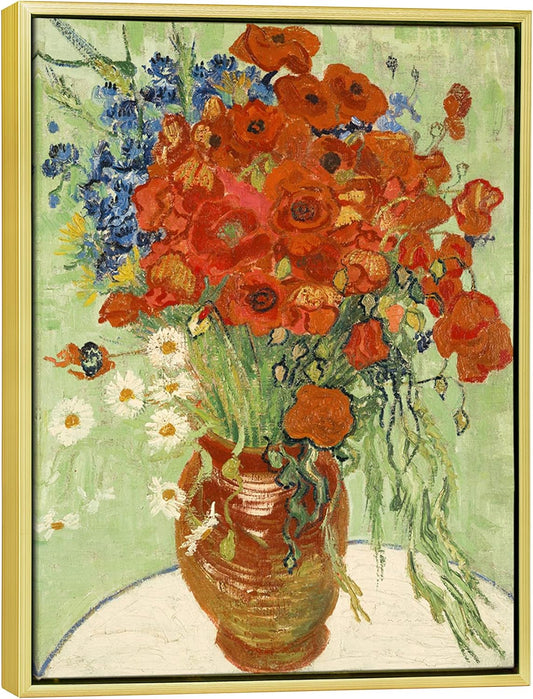 Wieco Art Framed Wall Art Canvas Prints of Red Poppies and Daisies Canvas Prints Wall Art of Van Gogh Paintings Reproduction Abstract Artwork for Wall Decor Golden Frame