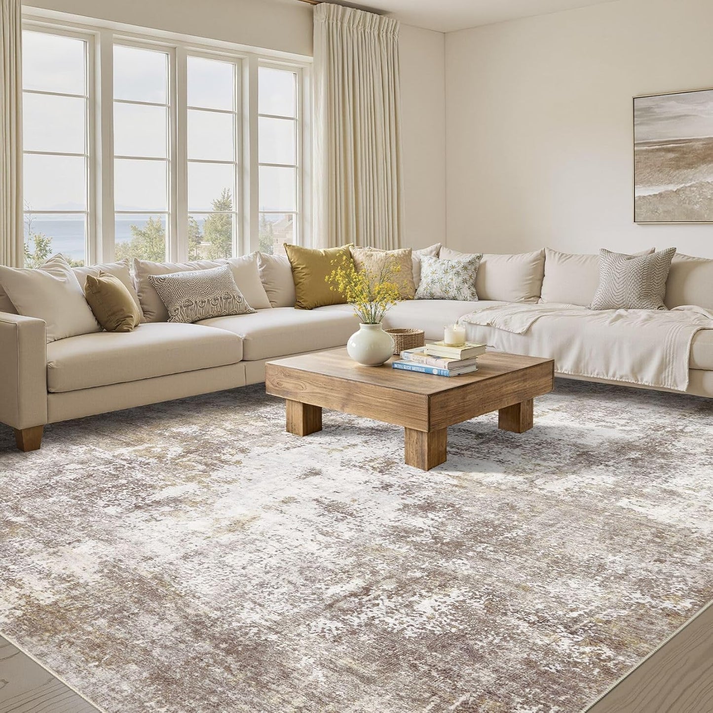 Washable 9X12 Area Rug: Modern Abstract Soft Non-Slip Indoor Rugs Home Decor - Low Pile Stain Resistant Foldable Carpet for Living Room Bedroom Dining Room Playroom Office(Brown,9'x12')