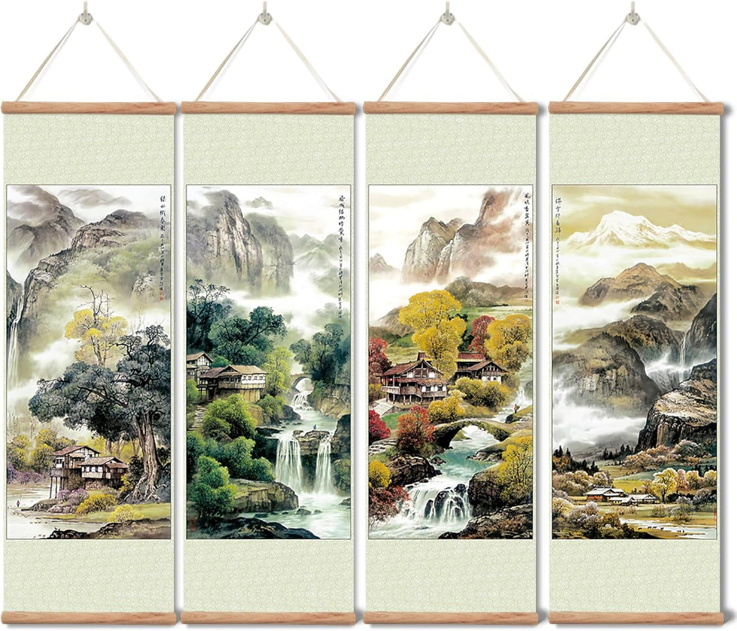 Landscape Painting,Chinese Ancient Architecture Posters and Prints,traditional Ink Decor,Wall Art Black and White for Living Room Bedroom,4 Piece Set Fixed Wooden Hanging Scroll (landscape, 12”x36”x4piece)