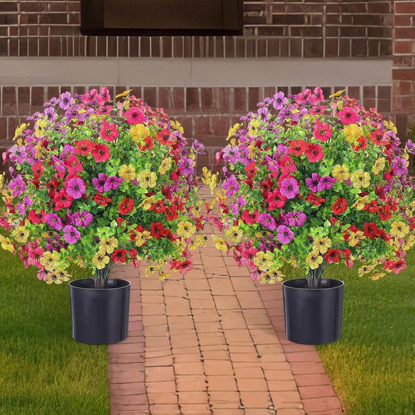 2 Pack 21.6'' Artificial Topiary Ball Trees with Flowers UV Protected Outdoor Faux Potted Plants with Cement Pot Faux Greenery Shrubs for Front Garden (Autumn Colors,Mandala Flower Tree)
