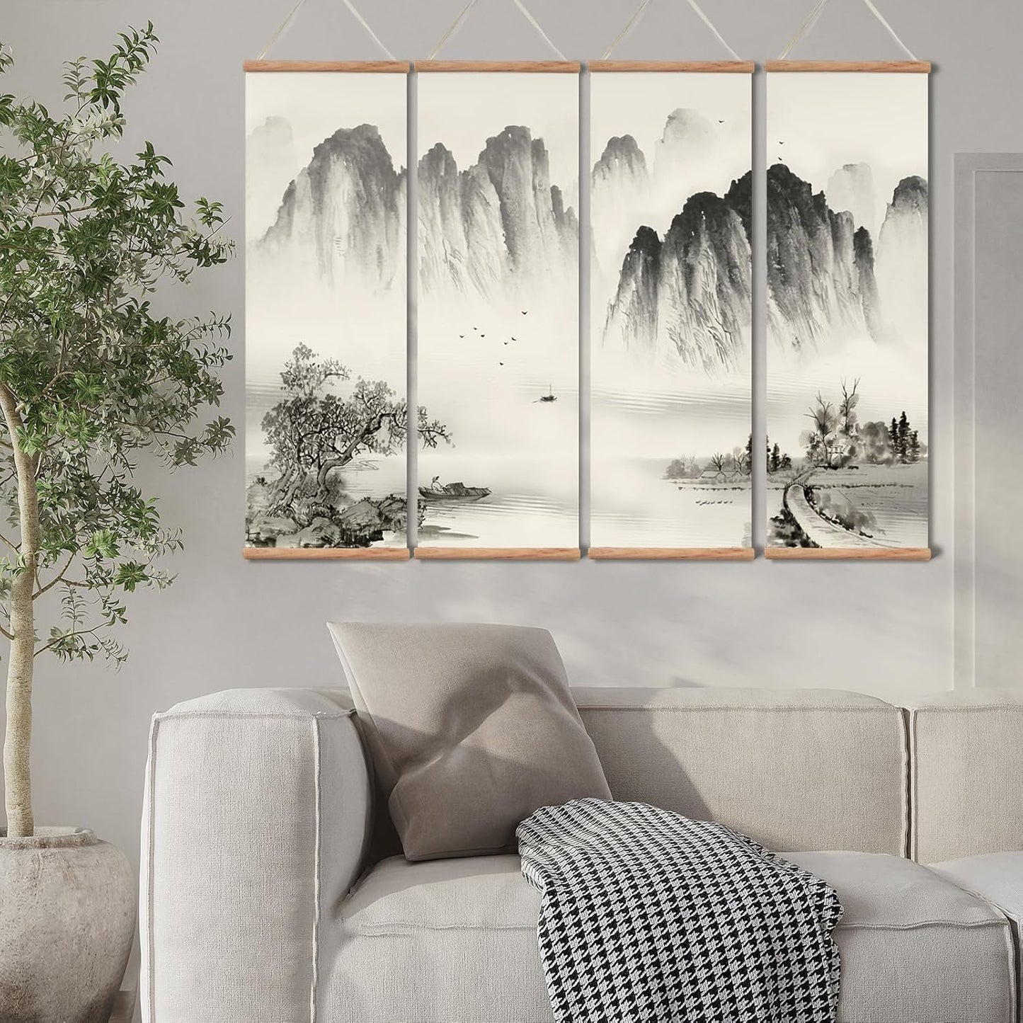 Landscape Painting,Chinese Ancient Architecture Posters and Prints,traditional Ink Decor,Wall Art Black and White for Living Room Bedroom,4 Piece Set Fixed Wooden Hanging Scroll (landscape, 12”x36”x4piece)