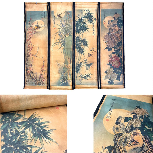 Wall Scroll Hanging Painting Decor, Chinese Traditional Art Set of 4 Vintage Flower Paintings Ancient Painting Replica, Plum Orchid Bamboo Chrysanthemum