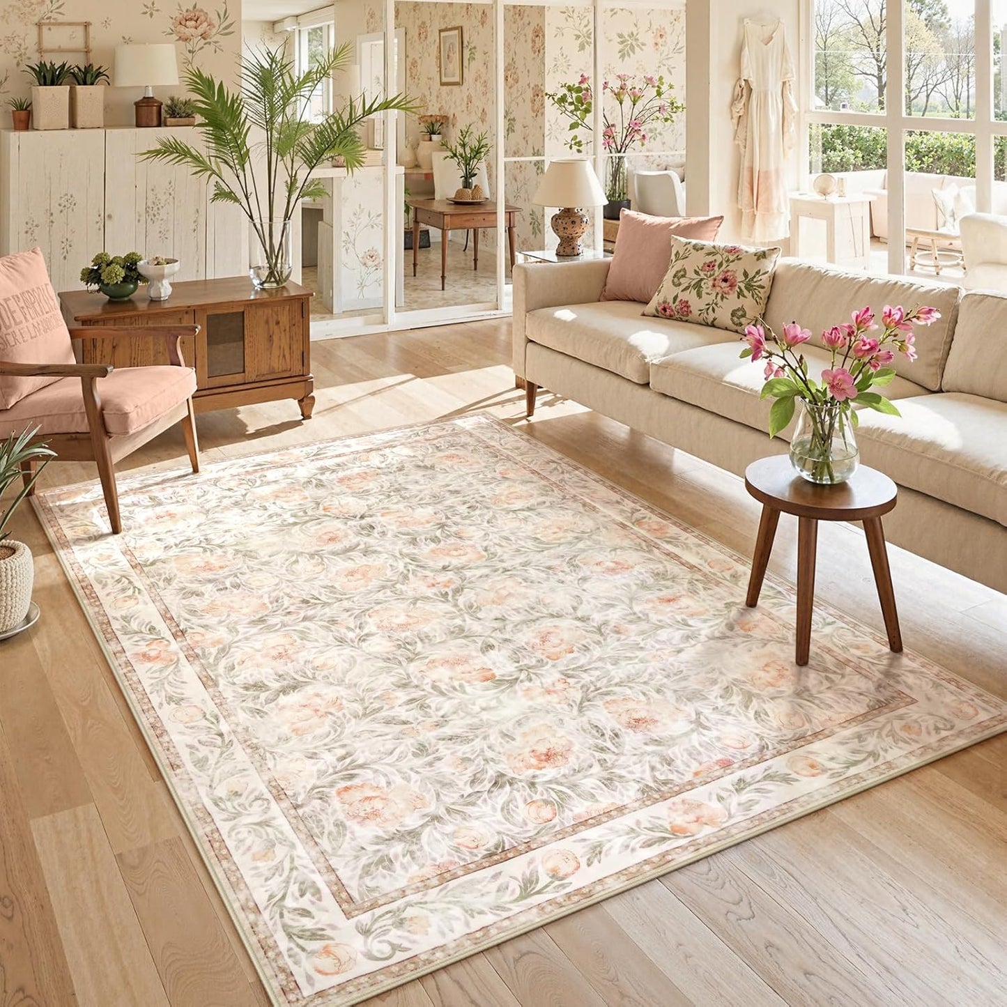 Collive Floral Area Rug 5x7, Pink Rugs for Bedroom Girls, Machine Washable Soft Low Pile Stain Resistant Carpet, Rug for Living Room Nursery Kids Playroom ‎Dorm