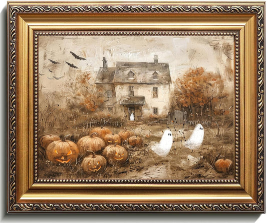 uniro Vintage Gold Framed Wall Art, Vintage Cute Ghosts Haunted Halloween Painting, Spooky Pumpkin Patch Halloween Wall Art Prints Ghost Decor, Farmhouse Ghost Posters Country Cottage Fall Decor for Living Room, Bedroom, Bathroom, halloween Room decor- 9x