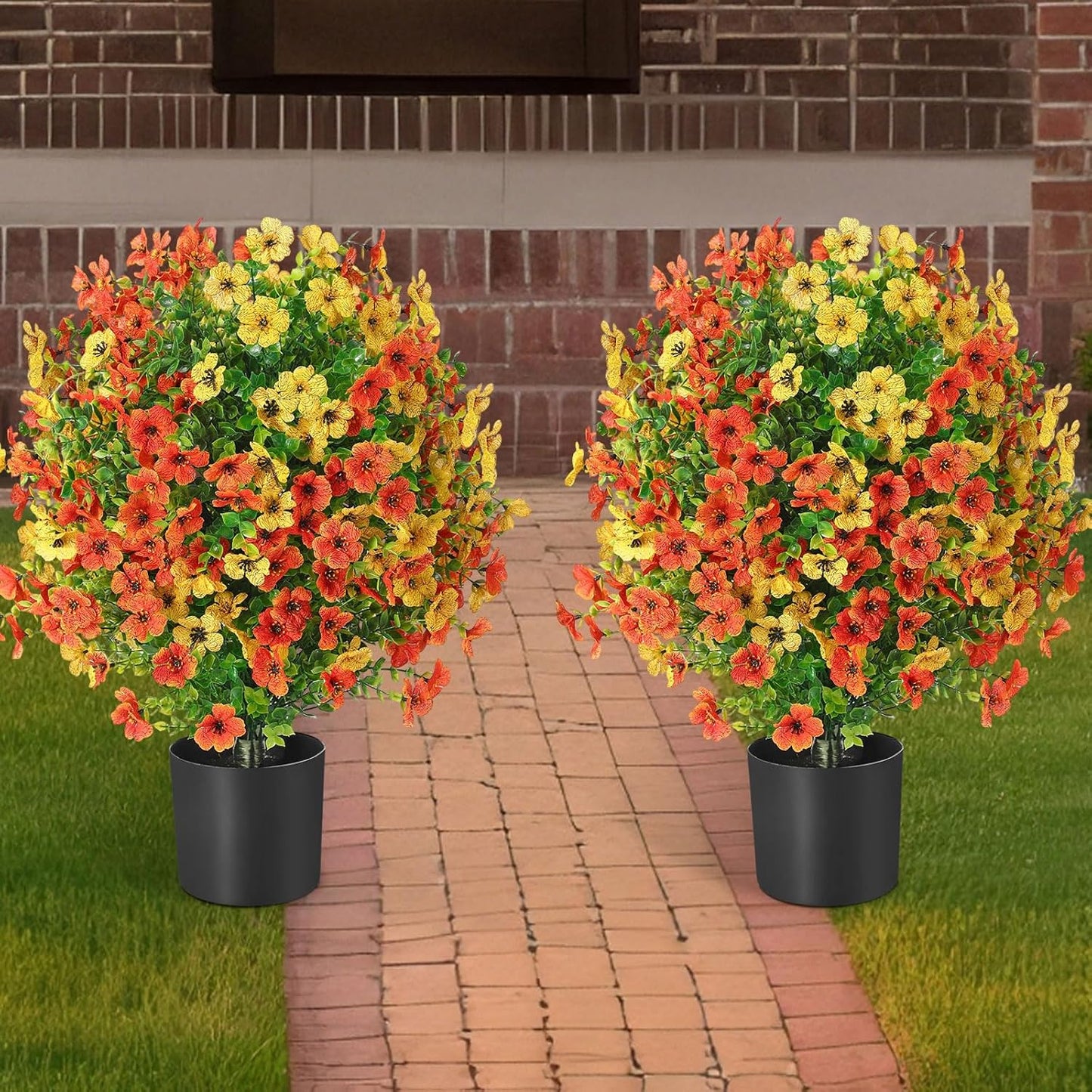 2 Pack 21.6'' Artificial Topiary Ball Trees with Flowers UV Protected Outdoor Faux Potted Plants with Cement Pot Faux Greenery Shrubs for Front Garden (Autumn Colors,Mandala Flower Tree)