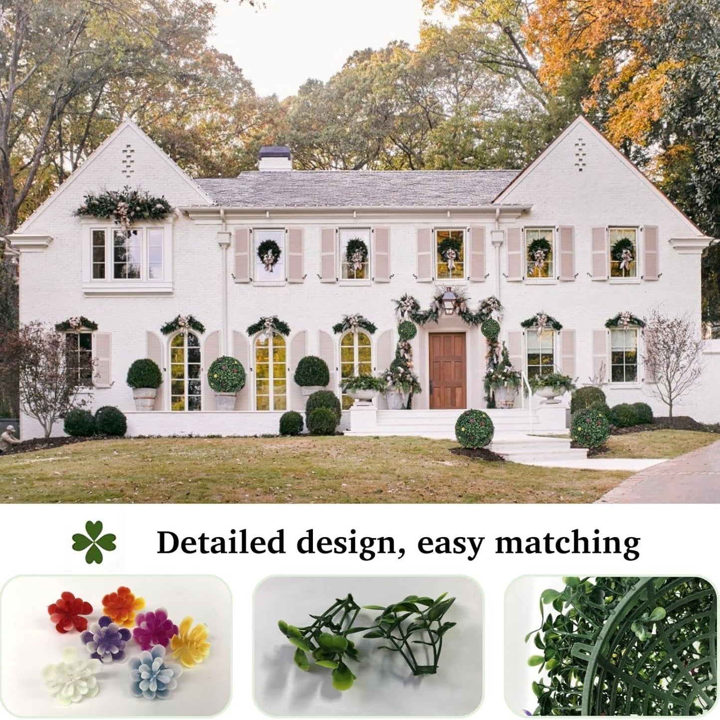 2PCS Artificial Boxwood Topiary Ball with Flowers 11 INCH 3 Layers Hanging Topiary Ball for Home Garden Wedding Party Decor Environmental UV Protected Faux Boxwood Decorative Ball