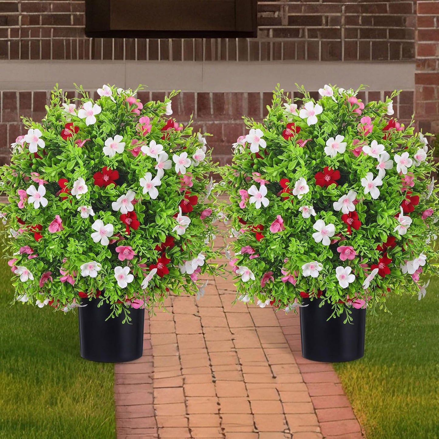 2 Pack 21.6'' Artificial Topiary Ball Trees with Flowers UV Protected Outdoor Faux Potted Plants with Cement Pot Faux Greenery Shrubs for Front Garden (Autumn Colors,Mandala Flower Tree)