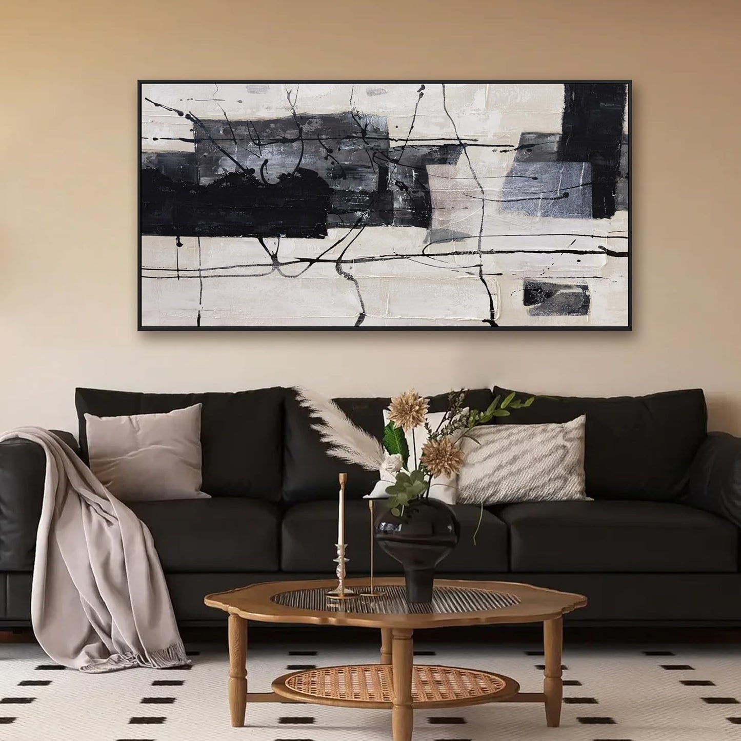 Abstract Wall Art Framed Decor Canvas Wall Art For Living Room Modern Canvas Prints Pictures For Wall Black And White Artwork For Home Hotel Decoration 24x48 Inch