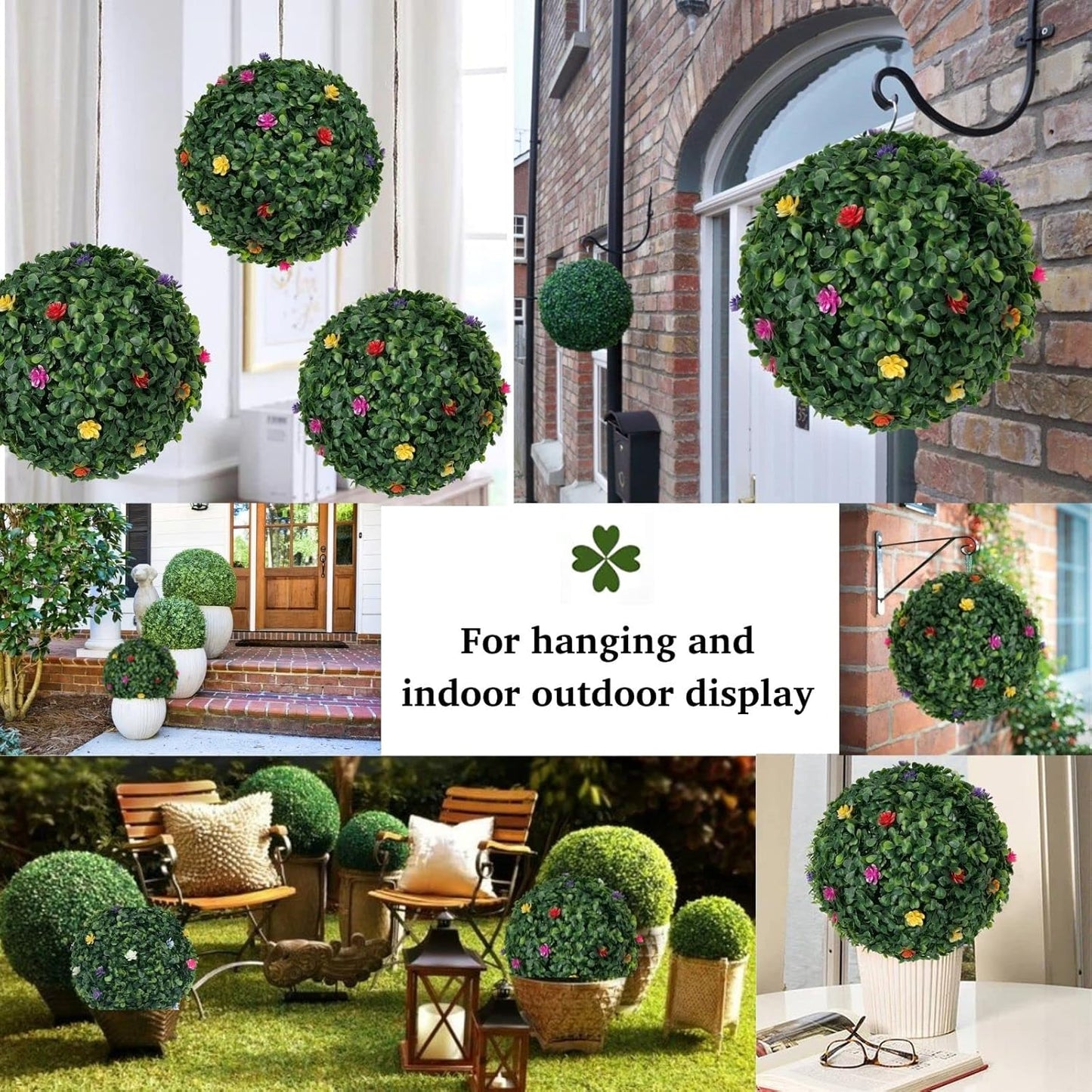 2PCS Artificial Boxwood Topiary Ball with Flowers 11 INCH 3 Layers Hanging Topiary Ball for Home Garden Wedding Party Decor Environmental UV Protected Faux Boxwood Decorative Ball