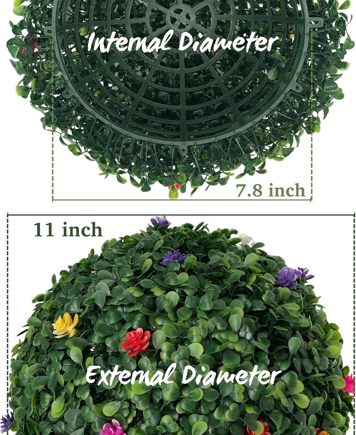 2PCS Artificial Boxwood Topiary Ball with Flowers 11 INCH 3 Layers Hanging Topiary Ball for Home Garden Wedding Party Decor Environmental UV Protected Faux Boxwood Decorative Ball
