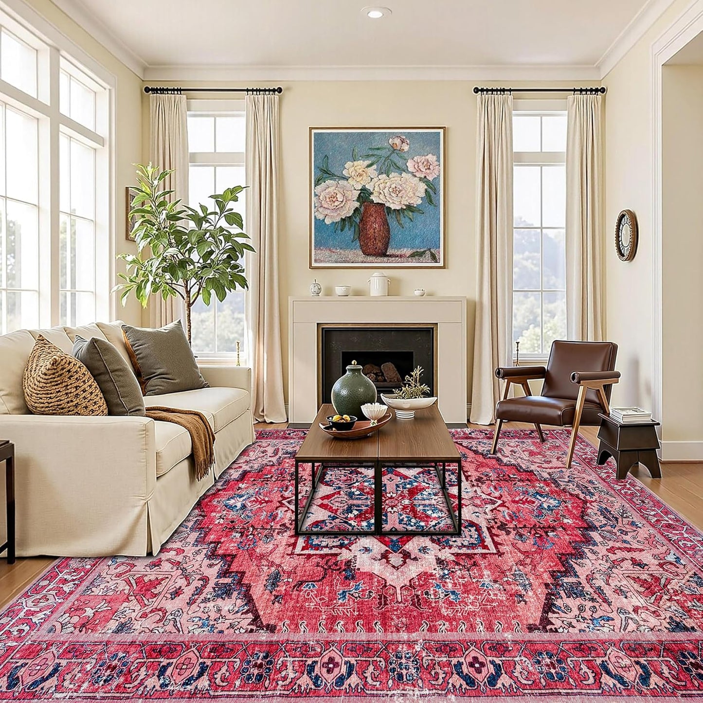 AMERLIFE 5'x8' Area Rug, Machine Washable Vintage Area Rug- Soft Carpet with Non-Slip Backing for Living Room, Bedroom, Nursery- Retro Red
