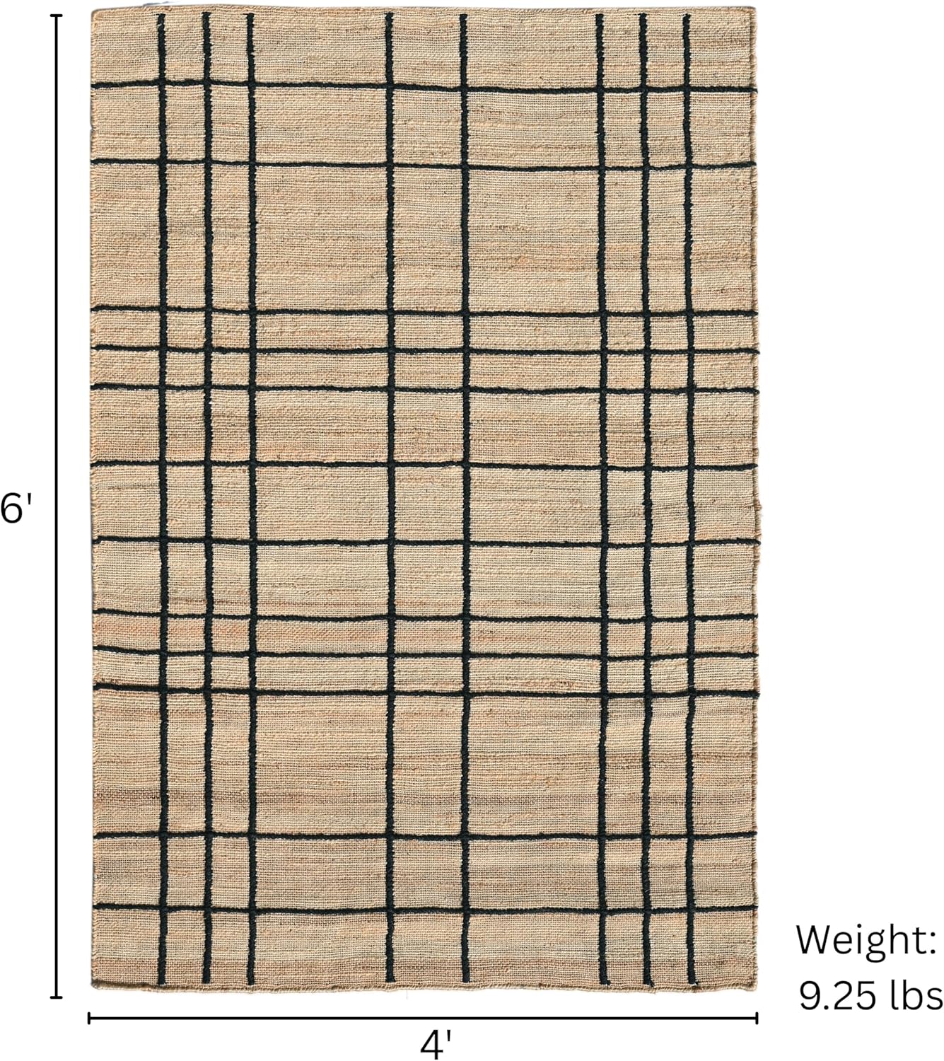 Homespice Nell Premium Edition Jute Rug 4×6' - Small Batch Production, Handwoven Classic Window Pane Design - with Cotton Backing