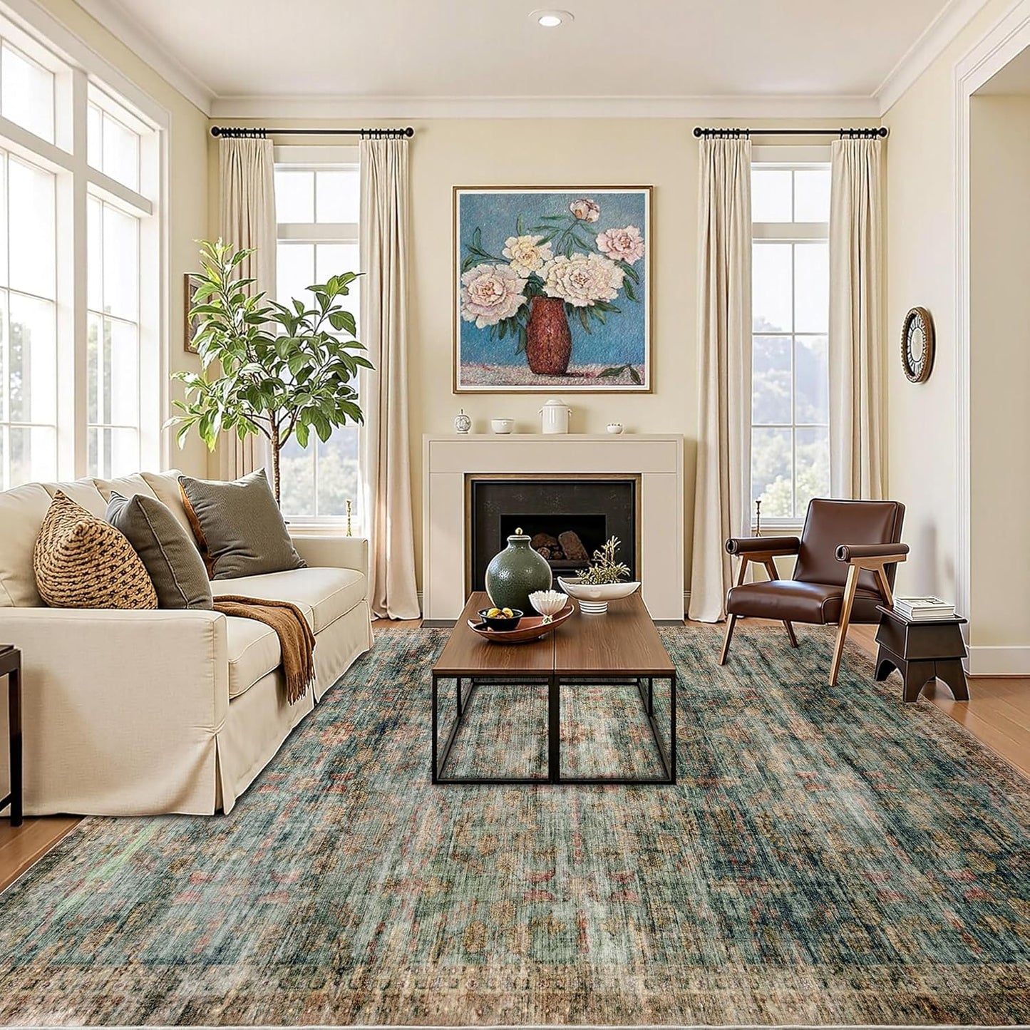 AMERLIFE 5'x8' Area Rug, Machine Washable Vintage Area Rug- Soft Carpet with Non-Slip Backing for Living Room, Bedroom, Nursery- Retro Red