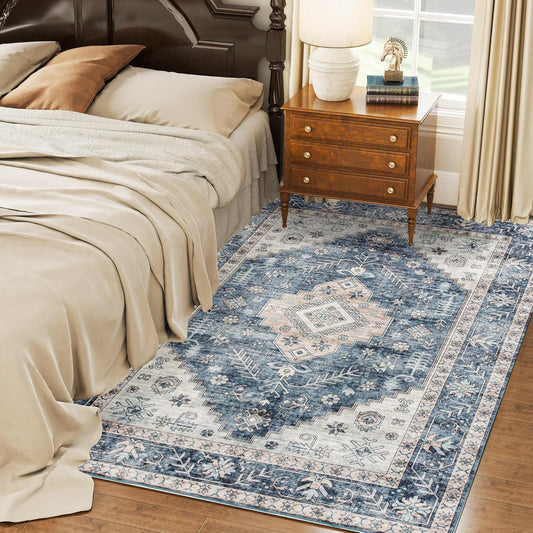 HOMCOM Washable Area Rug, 5'x7' Vintage Indoor Distressed Carpet, Retro Floor Cover Foldable, Floral Print Mat for Living Room, Bedroom, Dining Room, Blue