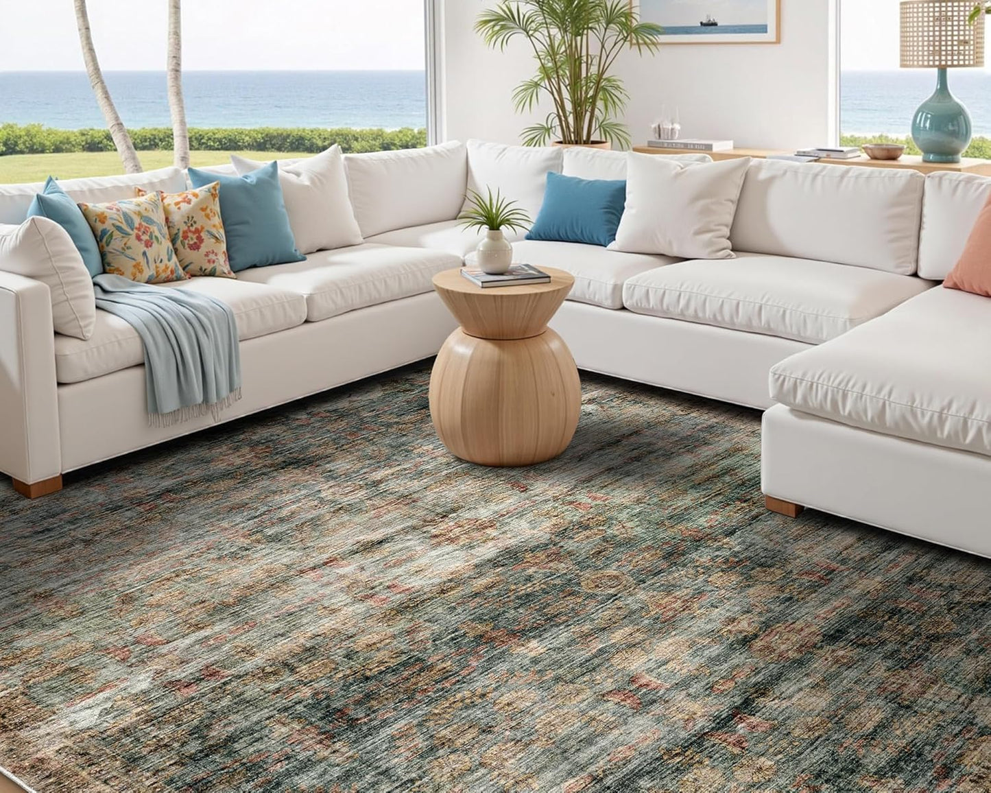 AMERLIFE 5'x8' Area Rug, Machine Washable Vintage Area Rug- Soft Carpet with Non-Slip Backing for Living Room, Bedroom, Nursery- Retro Red