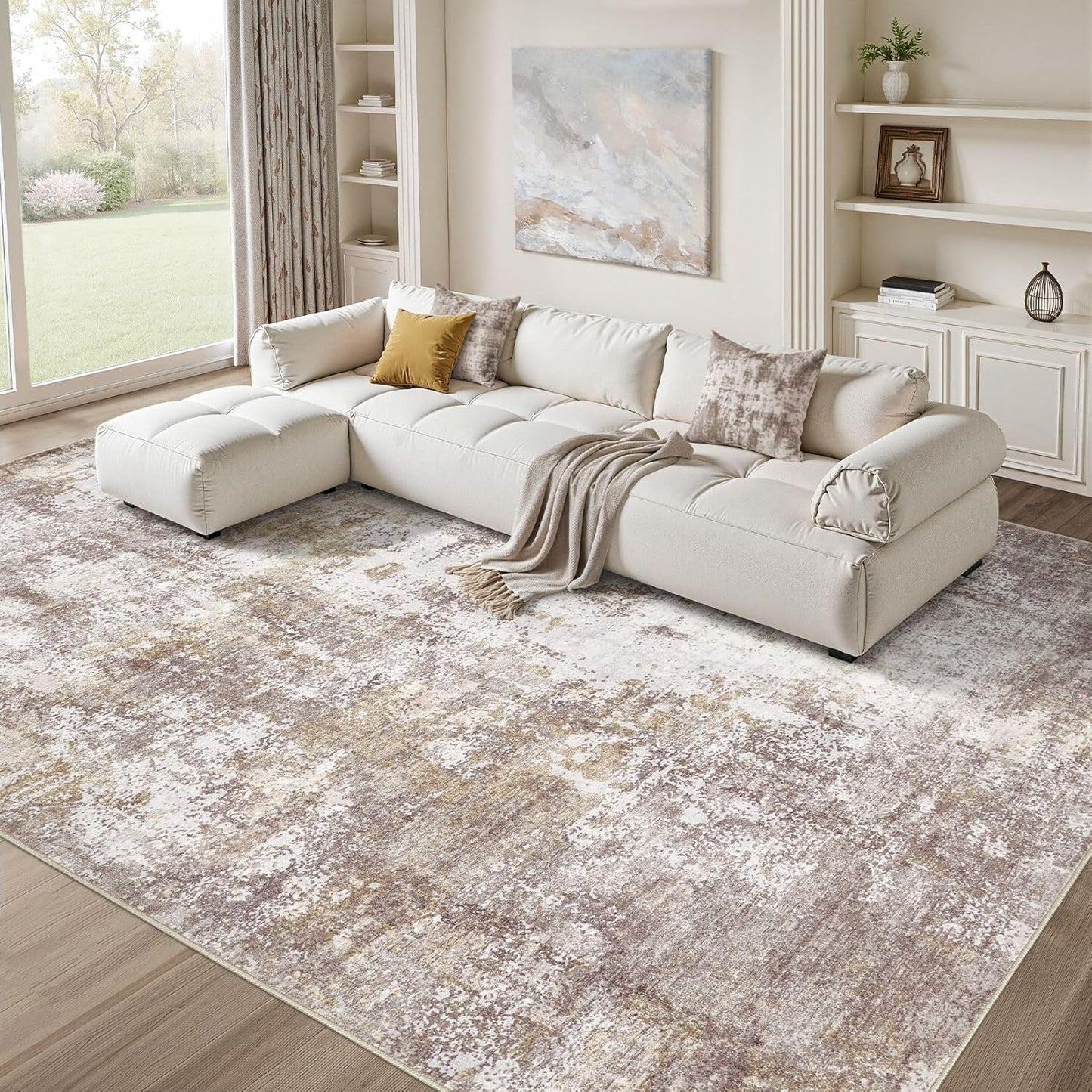 Washable 9X12 Area Rug: Modern Abstract Soft Non-Slip Indoor Rugs Home Decor - Low Pile Stain Resistant Foldable Carpet for Living Room Bedroom Dining Room Playroom Office(Brown,9'x12')