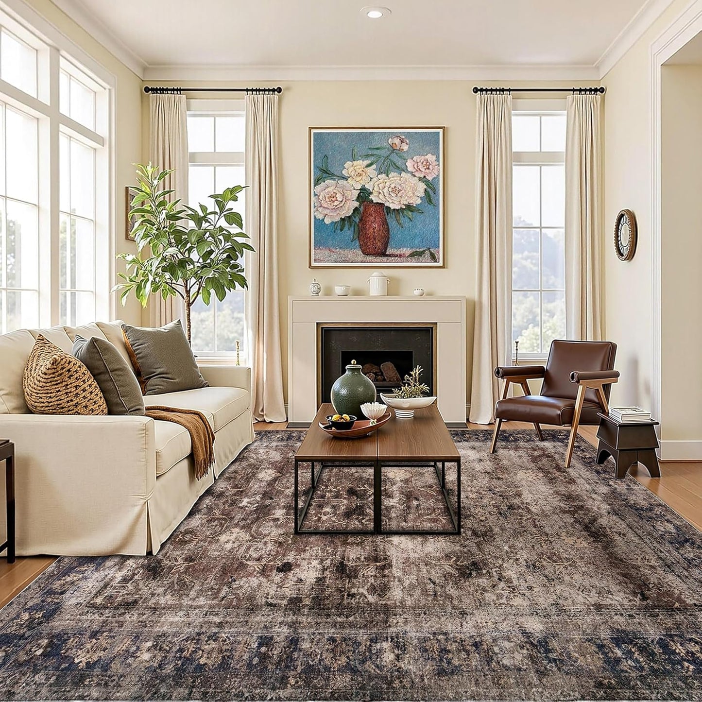 AMERLIFE 5'x8' Area Rug, Machine Washable Vintage Area Rug- Soft Carpet with Non-Slip Backing for Living Room, Bedroom, Nursery- Retro Red