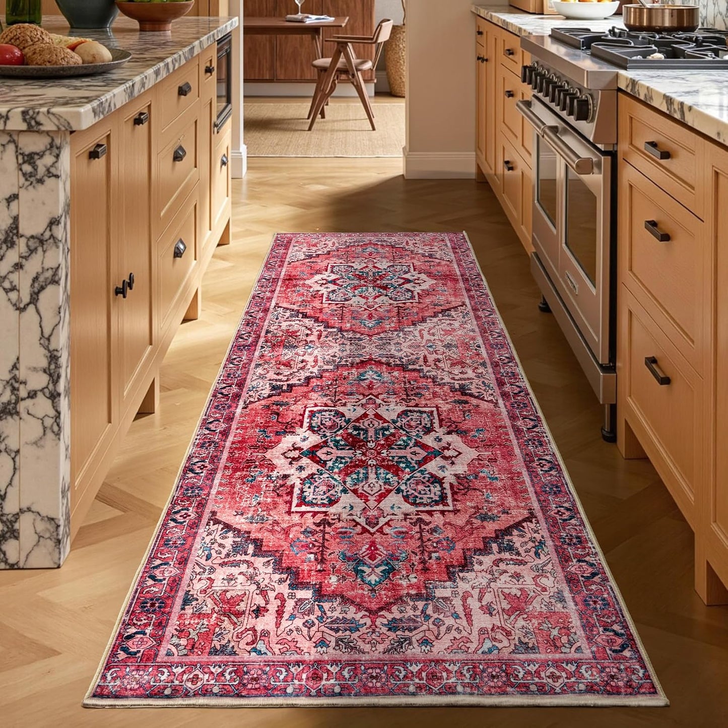 AMERLIFE 5'x8' Area Rug, Machine Washable Vintage Area Rug- Soft Carpet with Non-Slip Backing for Living Room, Bedroom, Nursery- Retro Red