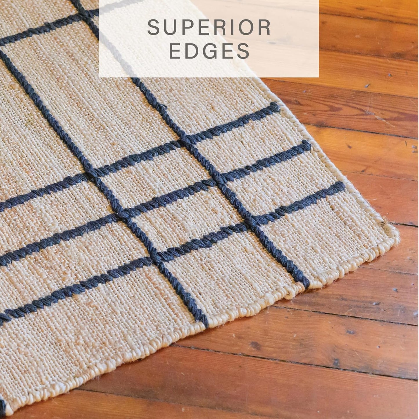Homespice Nell Premium Edition Jute Rug 4×6' - Small Batch Production, Handwoven Classic Window Pane Design - with Cotton Backing